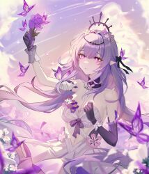 1girl absurdres arm_up black_bow black_gloves black_tiara bow breasts bug butterfly castorice_(honkai:_star_rail) dress elbow_gloves flower frilled_dress frills gloves hair_bow hair_flower hair_intakes hair_ornament highres honkai:_star_rail honkai_(series) insect long_hair medium_breasts navel open_mouth pointy_ears purple_butterfly purple_eyes purple_flower purple_hair purple_rose rose seyu_11 sleeveless sleeveless_dress solo stomach tiara white_dress