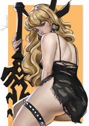 1girl ass back blonde_hair blue_eyes breasts cleavage_cutout clothing_cutout earrings highres huge_weapon jewelry long_hair looking_at_viewer magik_(x-men) marvel marvel_rivals solo sword torn_clothes weapon whails x-men
