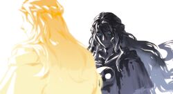 Rule 34 | 2girls, blonde hair, blood, blood from mouth, blood in hair, blood on clothes, blood on face, blue eyes, blurry, blurry foreground, braid, depth of field, dual persona, final fantasy, final fantasy xiv, grey hair, half up braid, highres, long hair, looking at viewer, mask, mask around neck, multiple girls, simple background, unworn mask, upper body, venat (ff14), wavy hair, white background, zmeoow