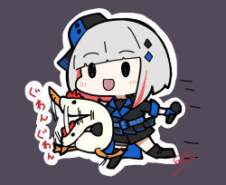 1girl 4th_live_dream_~bloom_the_dream_believers~ :d absurdres awoke_(love_live!) black_boots black_gloves black_shorts blue_gloves blue_hat blue_jacket blush bob_cut boots chibi chibi_only commentary_request full_body gloves grey_background grey_hair hat highres holding holding_microphone holding_stuffed_toy inverted_bob jacket link!_like!_love_live! love_live! microphone multicolored_hair oofushi_ao open_mouth outline peking_duck_(love_live!) red_hair short_hair shorts signature simple_background smile solid_oval_eyes solo streaked_hair stuffed_animal stuffed_bird stuffed_chicken stuffed_toy three-quarter_sleeves tilted_headwear virtual_youtuber white_outline yugiri_tsuzuri