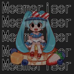 alternate_costume apron back_bow black_background black_choker black_eyes blue_dress blue_hair blue_hat blueberry blush bow butter buttons chibi chibi_only choker diagonal-striped_bow double-breasted dress english_text food fruit full_body hat hat_bow hatsune_miku highres kneehighs long_hair looking_at_viewer mesmerizer_(vocaloid) nemu_kasoke open_mouth pancake pinstripe_dress pinstripe_pattern red_bow sailor_collar sharp_teeth sitting_on_food skates socks solid_oval_eyes straight-on strawberry striped_bow syrup teeth tongue tongue_out twintails two-tone_bow upper_teeth_only very_long_hair visor_cap vocaloid waist_apron white_apron white_bow white_sailor_collar white_socks