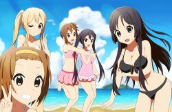 5girls akiyama_mio artist_request bare_shoulders beach bikini black_bikini black_hair blonde_hair blue_eyes breasts brown_eyes brown_hair closed_mouth cloud day dot_nose female_focus forehead headband hirasawa_yui k-on! kotobuki_tsumugi large_breasts legs long_hair looking_at_viewer multiple_girls nakano_azusa one-piece_swimsuit one_eye_closed open_mouth outdoors pink_one-piece_swimsuit ponytail sandals short_hair sky smile standing standing_on_one_leg swimsuit tainaka_ritsu teeth thighs upper_body upper_teeth_only v water yellow_eyes yellow_headband