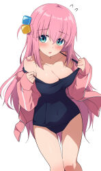 Rule 34 | 1girl, aqua eyes, blue one-piece swimsuit, blush, bocchi the rock!, breasts, cube hair ornament, eniraka, fanged bangs, gotoh hitori, hair between eyes, hair ornament, highres, jacket, large breasts, long hair, long sleeves, one-piece swimsuit, one side up, open clothes, open jacket, open mouth, pink hair, pink jacket, school swimsuit, simple background, solo, swimsuit, thighs, track jacket, white background