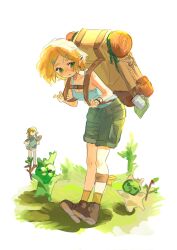 1boy 1girl backpack bag blonde_hair blue_eyes blush boots breasts brown_boots didi_en_ilu green_eyes green_shorts hair_ornament hairclip highres korok leaning_forward link nintendo pointy_ears princess_zelda short_hair shorts sidelocks sketch socks tank_top the_legend_of_zelda the_legend_of_zelda:_tears_of_the_kingdom yellow_socks