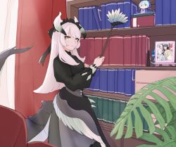 1girl black_dress book bookshelf breasts chamber_dragonmaid closed_mouth curtains dragon_girl dragon_horns dragon_tail dragon_wings dress duel_monster duster ei_(tdnei666) feathered_wings highres holding holding_duster horns house_dragonmaid kitchen_dragonmaid laundry_dragonmaid long_hair long_sleeves maid_headdress medium_breasts nurse_dragonmaid parlor_dragonmaid photo_(object) picture_frame plant puffy_long_sleeves puffy_sleeves smile solo tail white_hair wings yellow_eyes yu-gi-oh!