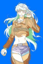 1girl blue_background chaps colored_inner_hair cropped_jacket crystal_hair denim denim_shorts fate/grand_order fate_(series) green_hair highres iliiiiiiiillli kukulkan_(fate) kukulkan_(first_ascension)_(fate) long_hair mexican_clothes multicolored_hair shorts solo white_hair