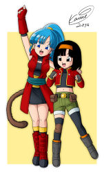Rule 34 | 2girls, arm up, asymmetrical legwear, belt, belt pouch, black eyes, black hair, blue eyes, blue hair, boots, breasts, cleavage, cleavage cutout, clothing cutout, coat, commentary, dated, dragon ball, dragon ball heroes, flat chest, hairband, highres, jacket, karoine, knee pads, medium breasts, multiple girls, navel, note (dragon ball), open clothes, open coat, pan (dragon ball), pan (xeno), pan (xeno) (dragon ball), ponytail, pouch, saiyan, shorts, signature, skirt, straight hair, super saiyan, super saiyan blue, tail