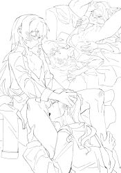 2girls bang_dream! bang_dream!_it&#039;s_mygo!!!!! between_legs blush bottomless breasts breasts_out chihaya_anon chinese_commentary closed_eyes collar commentary_request commission cunnilingus fang greyscale hand_on_another&#039;s_head highres lanserongjie long_hair monochrome multiple_girls nagasaki_soyo nipples open_clothes open_mouth open_shirt oral pussy_juice_on_face school_uniform second-party_source skin_fang small_breasts tongue tongue_out tsukinomori_school_uniform yuri