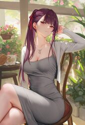 ai-generated alternate_costume blunt_bangs blush braid breasts chair cleavage collarbone crossed_legs day dongtan_dress girls&#039;_frontline girls&#039;_frontline_2:_exilium highres jewelry lin_to looking_at_viewer makiatto_(girls&#039;_frontline_2) meme_attire necklace red_eyes side_braid side_ponytail sidelocks sitting tree wa2000_(girls&#039;_frontline)