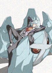 1boy absurdres arms_behind_head black_pants black_suit blue_hair closed_eyes closed_mouth cloudsmoothie commentary formal_clothes gen_3_pokemon highres lying male_focus metagross necktie nintendo non-humanoid_robot on_back pants pokemon pokemon_(creature) pokemon_oras red_necktie robot short_hair simple_background sleeping steven_stone suit symbol-only_commentary white_background