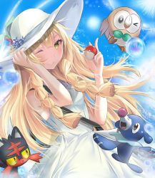 &gt;_o 1girl ;) air_bubble bare_shoulders blonde_hair blue_ribbon blue_sky braid breasts bubble closed_mouth collared_dress commentary cowboy_shot creatures_(company) day dress fhilippedu flower game_freak gen_7_pokemon green_eyes hat hat_flower hat_ribbon holding holding_poke_ball holding_unworn_clothes holding_unworn_hat lillie_(pokemon) litten long_hair looking_at_viewer nintendo one_eye_closed outdoors poke_ball poke_ball_(basic) pokemon pokemon_(creature) pokemon_sm popplio ribbon rowlet sky sleeveless sleeveless_dress small_breasts smile starter_pokemon_trio sun sun_hat sundress twin_braids unworn_hat unworn_headwear white_dress white_hat