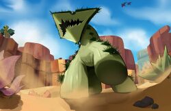 2024_pokemon_teraleak absurdres animal_focus beta_design cacturne cacturne_(prototype) cloud commentary delatoid desert english_commentary gen_3_pokemon highres monster nintendo no_humans open_mouth outdoors pokemon pokemon_(creature) pokemon_rse_(prototype) prototype_design rock sand sharp_teeth sky solo_focus spikes teeth trapinch vibrava_(prototype) walking