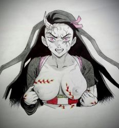 1girl angry arcai black_hair breasts breasts_out clenched_teeth collarbone demon_girl demon_horns flower_tattoo highres horn horns japanese_clothes kamado_nezuko kimetsu_no_yaiba kimono large_breasts long_hair looking_at_viewer nipples no_bra open_clothes open_kimono purple_eyes slit_pupils tattoo teeth traditional_media veins