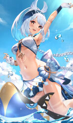 1girl :d arm_up armpits black_skirt blue_hair bracelet braid breasts chahei day fingerless_gloves genshin_impact gloves groin highres jewelry medium_breasts microskirt mualani_(genshin_impact) multicolored_hair multicolored_skirt navel open_mouth outdoors red_eyes skirt smile solo symbol-shaped_pupils two-tone_hair underboob white_gloves white_hair white_skirt