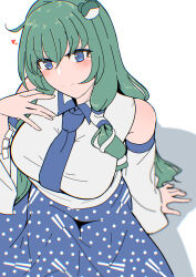 1girl absurdres bare_shoulders blue_eyes blue_necktie blue_skirt blush_stickers breasts closed_mouth collared_shirt detached_sleeves frog_hair_ornament green_hair hair_intakes hair_ornament hair_tubes hand_on_own_chest heart highres kochiya_sanae large_breasts long_hair long_sleeves looking_at_viewer mokutan_(link_machine) necktie patterned_clothing print_skirt shadow shirt simple_background single_hair_tube single_sidelock sitting skirt skirt_set sleeveless sleeveless_shirt snake_hair_ornament solo touhou upper_body white_background wide_sleeves wing_collar