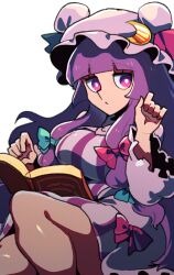 Rule 34 | 1girl, blue bow, blue ribbon, blunt bangs, book, bow, breasts, closed mouth, crescent, crescent hat ornament, dress, hair bow, hat, hat ornament, hat ribbon, iganashi1, knee up, large breasts, long hair, looking at viewer, mob cap, one-hour drawing challenge, open book, patchouli knowledge, purple eyes, purple hair, red bow, red ribbon, ribbon, robe, simple background, solo, striped clothes, striped dress, thighs, touhou, very long hair, white background, wide sleeves
