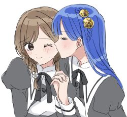 2girls arm_at_side assault_lily black_ribbon blush braid brown_eyes buttons closed_eyes closed_mouth commentary_request cropped_jacket flower gem gem_hair_ornament hair_flower hair_ornament hand_up highres holding_hands interlocked_fingers juliet_sleeves kiss kissing_cheek long_hair long_sleeves looking_at_another low_twin_braids low_twintails multiple_girls neck_ribbon one_eye_closed profile puffy_sleeves raised_eyebrow red_gemstone ribbon rokkaku_shiori school_uniform shakeza shirt side_braid simple_background sketch smile taniguchi_hijiri twin_braids twintails upper_body white_background white_flower white_shirt yuri yurigaoka_girls_academy_school_uniform