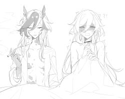 Rule 34 | !?, 2girls, aftersex, between fingers, breasts, chinese commentary, choker, cigarette, closed eyes, commentary, fu hua, fu hua (garuda), herrscher of sentience, greyscale, hair between eyes, haruka (rsyaooooo), highres, holding, holding cigarette, honkai (series), honkai impact 3rd, long hair, monochrome, multicolored hair, multiple girls, open clothes, open mouth, open shirt, scales, streaked hair, under covers, very long hair, yuri