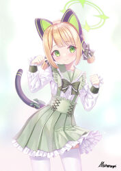 Rule 34 | 1girl, absurdres, alternate costume, animal ear headphones, animal ears, artist name, black tail, blonde hair, blue archive, blunt bangs, blush, bow, bowtie, buttons, cat ear headphones, cat ears, cat tail, center frills, clenched hands, closed mouth, commentary request, cowboy shot, cross-laced clothes, cross-laced skirt, fake animal ears, fake tail, frilled sailor collar, frilled shirt, frilled shirt collar, frilled skirt, frilled sleeves, frills, green bow, green bowtie, green eyes, green halo, green sailor collar, green skirt, hair bow, halo, hands up, headphones, high-waist skirt, highres, jirai kei, long sleeves, looking at viewer, midori (blue archive), parted bangs, paw pose, pleated skirt, sailor collar, sailor shirt, shiraragi, shirt, short hair, sidelocks, signature, skirt, sleeves past wrists, smile, solo, sparkle, suspender skirt, suspenders, tail, tail bow, tail ornament, tail raised, thighhighs, twintails, watermark, watermark grid, white shirt, white thighhighs