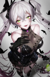 1girl bare_shoulders black_butterfly black_dress black_hands body_markings breasts bug butterfly butterfly_hair_ornament cleavage collarbone colored_extremities crossed_bangs demon_girl demon_horns dress elbow_gloves fate/grand_order fate_(series) full_body gloves green_eyes grey_background grey_hair hair_around_horn hair_between_eyes hair_on_horn hair_ornament hand_on_own_chest highres horns insect lilith_(fate) long_hair looking_at_viewer open_mouth pointy_ears see-through_cleavage see-through_clothes simple_background sleeveless sleeveless_dress smile solo sow_graden429 standing tattoo tattoo_between_breasts twintails