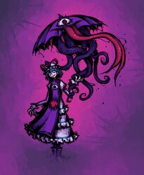 1girl 1other @_@ abstract_background blindvoid blue_eyes blue_hair boots commentary commission cosplay dress english_commentary full_body hat heterochromia highres karakasa_obake layered_dress mob_cap open_mouth purple_background purple_boots purple_tabard red_eyes short_hair smile tabard tatara_kogasa tentacles tongue tongue_out touhou traditional_youkai umbrella white_dress white_hat yakumo_yukari yakumo_yukari_(cosplay)