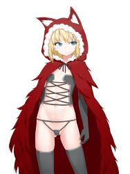 1girl black_souls blonde_hair blue_eyes cloak elbow_gloves expressionless flat_chest gloves highres looking_to_the_side navel red_cloak red_hood red_hood_(black_souls) revealing_clothes ribbonsnek solo thighhighs transparent_background wolf_hood