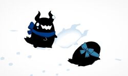 blue_scarf bow horns hoshikui no_humans original scarf sharp_teeth shoutarou_(shoutarotttt) simple_background snow teeth white_background winter