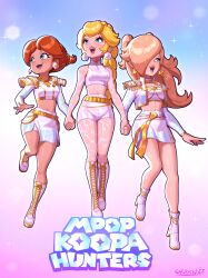 Rule 34 | 3girls, absurdres, bare shoulders, blonde hair, blue eyes, blush, boots, breasts, brown hair, choker, cosplay, crop top, cropped shirt, earrings, flower earrings, hair over one eye, high heel boots, high heels, highres, jacket, jewelry, knee boots, kpop demon hunters, large breasts, long hair, long sleeves, mario (series), midriff, mira (kpop demon hunters), mira (kpop demon hunters) (cosplay), multiple girls, navel, nintendo, open clothes, open jacket, open mouth, princess daisy, princess peach, rosalina, rumi (kpop demon hunters), rumi (kpop demon hunters) (cosplay), sarukaiwolf, shirt, skirt, sleeveless, smile, sphere earrings, star (symbol), star earrings, thigh boots, white boots, white choker, white jacket, white shirt, white skirt, zoey (kpop demon hunters), zoey (kpop demon hunters) (cosplay)