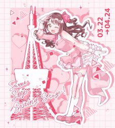 1girl arm_up bow bowtie breasts brown_hair dress full_body gloves grid_background hair_ribbon heart heart_background highres idolmaster idolmaster_cinderella_girls idolmaster_cinderella_girls_starlight_stage koriyukika032 layered_skirt leaning_forward legwear_garter loafers long_hair long_sleeves looking_at_viewer medium_breasts one_eye_covered open_mouth pink_bow pink_bowtie pink_dress pink_ribbon pink_theme ribbon see-through_clothes see-through_sleeves shimamura_uzuki shoes skirt socks solo sparkle standing tokyo_tower white_gloves white_socks yellow_eyes