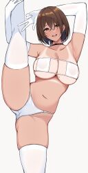 1girl :d black_choker breasts brown_eyes brown_hair choker collarbone elbow_gloves gloves highres large_breasts looking_at_viewer mole mole_on_breast navel open_mouth original panties short_hair simple_background smile solo split standing standing_on_one_leg standing_split stomach sukebewe tan tanline thighhighs thighs underboob underwear white_background white_gloves white_panties white_thighhighs