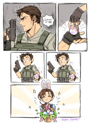 1boy 1girl almightychiru animal_ears basket brown_hair chris_redfield closed_eyes egg gun happy_easter highres holding holding_gun holding_weapon jill_valentine rabbit_ears resident_evil resident_evil_5 smile sparkle speech_bubble weapon white_background