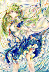 Rule 34 | 1girl, absurdres, ahoge, bare shoulders, blue eyes, blue skirt, breasts, closed mouth, collared shirt, detached sleeves, dot nose, frilled skirt, frills, frog hair ornament, green hair, hair ornament, hair tubes, highres, kazu (pixiv 73870096), kochiya sanae, long hair, long sleeves, looking at viewer, midriff, navel, necktie, patterned clothing, print skirt, ribbon-trimmed sleeves, ribbon trim, shirt, sideboob, single hair tube, single sidelock, skirt, skirt set, sleeve bow, sleeveless, sleeveless shirt, smile, snake hair ornament, solo, touhou, traditional media, upper body, very long hair, water, watermark, wide sleeves, wing collar, yellow necktie