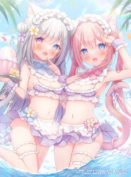 2girls :d animal_ear_fluff animal_ears apron bikini blue_bow blue_bowtie blue_eyes blush bow bowtie breasts cat_ears cat_girl cat_tail cleavage cowboy_shot dated day fang finger_to_own_chin flower food frilled_bikini frilled_thigh_strap frills grey_hair hand_up heterochromia highres holding holding_tray long_hair looking_at_viewer maid_headdress multiple_girls navel official_art omochi_monaka open_mouth original outdoors palm_tree pink_bow pink_bowtie pink_hair purple_eyes skin_fang small_breasts smile swimsuit tail thigh_strap tray tree twintails very_long_hair wading water wrist_cuffs yellow_flower