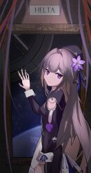 1girl absurdres beret black_dress black_hat brown_hair character_name doll_joints dress english_text engrish_text flower hair_flower hair_ornament hat hereokita herta_(honkai:_star_rail) herta_(puppet)_(honkai:_star_rail) highres honkai:_star_rail honkai_(series) joints layered_dress long_hair long_sleeves looking_at_viewer purple_eyes purple_flower ranguage solo white_dress