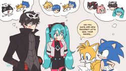 1girl 3boys :d absurdres amy_rose animal_ear_headphones animal_ears arms_behind_back black_coat black_eyes black_hair black_pants black_shirt black_shorts blue_eyes blue_hair blush cat_ear_headphones closed_mouth coat commentary cowboy_shot cropped_jacket english_commentary english_text equal_sign fake_animal_ears frown furry furry_male gloves green_eyes grey_background grey_vest hair_between_eyes hand_on_own_hip hands_in_pockets hatsune_miku headphones headset highres holding holding_paper imagining jacket joker_(persona_5) kagamine_len kaito_(vocaloid) long_hair long_sleeves looking_at_another mask mask_on_head morgana_(persona_5) multiple_boys open_clothes open_coat open_jacket open_mouth pants paper persona persona_5 reading red_gloves rue_bit shadow_the_hedgehog shirt short_hair shorts simple_background smile sonic_(series) sonic_racing:_crossworlds speech_bubble super_sonico tails_(sonic) teeth thought_bubble twintails upper_teeth_only very_long_hair vest vocaloid white_gloves white_jacket