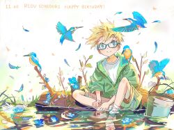 1boy bird blonde_hair blue_eyes bucket commentary_request feathers glasses happy_birthday jacket kingfisher log looking_at_viewer male_focus medalist_(manga) official_art short_hair sitting smile solo sonidori_rioh tsuruma_ikada water