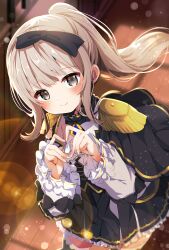 Rule 34 | 1girl, absurdres, black bow, black capelet, black skirt, black thighhighs, blurry, blurry background, blush, bow, brown eyes, brown hair, capelet, closed mouth, commission, epaulettes, frilled skirt, frilled sleeves, frills, grey eyes, hair bow, hallway, heart, heart hands, highres, indoors, long hair, long sleeves, looking at viewer, original, pleated skirt, ponytail, shiro9jira, shirt, sidelocks, skeb commission, skirt, smile, solo, thighhighs, white shirt