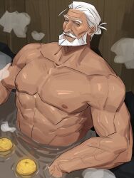 1boy abs bara beard blue_eyes broad_shoulders facial_hair food fruit highres jp_(street_fighter) lemon male_focus mature_male muscular muscular_male mustache nipples nude old old_man sa1k0p sauna short_hair steam street_fighter street_fighter_6 veins veiny_arms white_hair wooden_wall