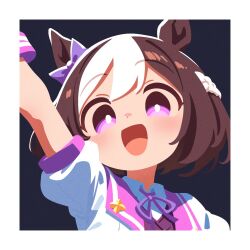 1girl :d animal_ears arm_up bow brown_hair ear_bow highres horse_ears horse_girl looking_at_viewer multicolored_hair neck_ribbon open_mouth puffy_short_sleeves puffy_sleeves purple_bow purple_eyes purple_ribbon ribbon short_hair short_sleeves smile solo special_week_(umamusume) two-tone_hair umamusume waonaolmao white_hair