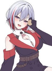 1girl bare_shoulders belt black_gloves breasts cleavage coin colored_inner_hair cowboy_shot detached_sleeves gloves grey_hair hair_between_eyes highres holding holding_coin honkai:_star_rail honkai_(series) kushinaka large_breasts looking_at_viewer multicolored_hair open_mouth red_hair shirt short_hair simple_background smile solo streaked_hair topaz_(honkai:_star_rail) unitard white_background white_shirt