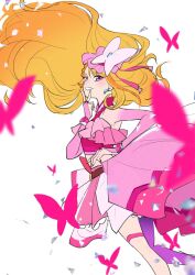 1girl amamiya_siro bare_shoulders belt belt_buckle blonde_hair bow bracelet braid brown_belt buckle bug butterfly crop_top cure_butterfly detached_sleeves earrings eyelashes feet_out_of_frame floating_clothes floating_hair frilled_shirt frills glass_shards gold_buckle grin hair_bow hair_floating_upwards halter_shirt halterneck hand_on_own_chin hand_on_own_hip happy highres hijiri_ageha hirogaru_sky!_precure insect jewelry lace lace-trimmed_skirt lace_trim light_blush long_hair long_sleeves magical_girl midriff miniskirt nail_polish pink_bow pink_butterfly pink_eyes pink_nails pink_shirt pink_skirt pink_sleeves pleated_skirt pointy_nose precure ring shirt simple_background single_braid skirt sleeves_past_wrists smile solo train_(clothing) v very_long_hair white_background