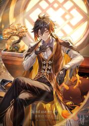 1boy adjusting_clothes adjusting_necktie antenna_hair aratakosu_(tako&#039;s) artist_name black_gloves black_pants bonsai brown_coat brown_hair brown_shirt brown_vest buttons closed_eyes closed_mouth coat coat_on_shoulders collared_shirt commentary_request crossed_legs earrings eyeliner gem genshin_impact gloves gradient_hair hair_between_eyes hair_over_shoulder hand_up highres indoors jewelry lapels light_particles light_rays long_hair long_sleeves low_ponytail makeup male_focus multicolored_hair necktie pants ponytail red_eyeliner rex_lapis_(genshin_impact) round_window shirt single_earring sitting smile solo table tassel tassel_earrings twitter_username u_u very_long_hair vest watermark white_necktie window wing_collar yellow_gemstone zhongli_(genshin_impact)