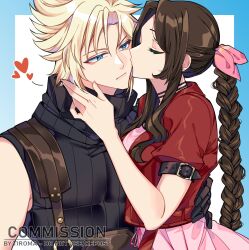 1boy 1girl aerith_gainsborough aqua_eyes arm_around_waist armor armored_gloves artist_name black_gloves blue_border border braid braided_ponytail closed_eyes cloud_strife commission couple cropped_jacket dress final_fantasy final_fantasy_vii final_fantasy_vii_remake gloves hair_between_eyes hair_ribbon hand_in_another&#039;s_hair hetero highres jacket kiss kissing_cheek long_hair parted_bangs pauldrons pink_dress pink_ribbon red_jacket ribbon short_hair shoulder_armor sidelocks single_bare_shoulder single_braid single_pauldron sleeveless sleeveless_turtleneck spiked_hair suspenders tiroma turtleneck upper_body white_background