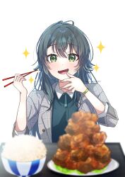 1girl absurdres antenna_hair blush bowl chicken_(food) chopsticks coat commission fingernails food fried_chicken gakuen_idolmaster green_eyes green_hair green_shirt grey_coat hair_flaps highres holding holding_chopsticks idolmaster long_hair looking_at_food pixiv_commission rice shirt smile solo sparkle straight_hair suzuka_202224 transparent_background tsukimura_temari