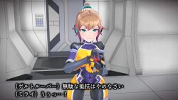 1girl 3d agent_mirai android blender_(medium) blue_eyes blush bodysuit brown_hair covered_navel doll_joints gun hallway hexagon_print highres impossible_bodysuit impossible_clothes joints looking_at_viewer mirai_(agent_mirai) ponytail robot_ears robot_joints short_hair solo umaaji_lady_mk2 weapon