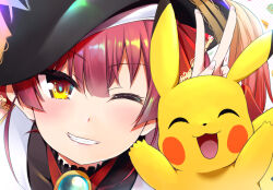 1girl blush_stickers bunny_ears_prank closed_eyes commentary gen_1_pokemon grin hat hololive houshou_marine makishima_rin nintendo one_eye_closed open_mouth pikachu pirate_hat pokemon pokemon_(creature) red_hair smile v virtual_youtuber yellow_eyes