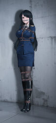 1girl absurdres ado_(eknv3255) bdsm black_hair black_pantyhose blue_suit bondage boots bound breasts cleave_gag cloth_gag execution formal_clothes full_body gag gagged highres improvised_gag long_hair original pantyhose pencil_skirt peril shibari skirt solo suit