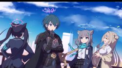 Rule 34 | 1boy, 3girls, animal ear fluff, animal ears, armor, black armor, black hair, blonde hair, blue archive, blue halo, blue jacket, blue scarf, blue sky, cape, cat ears, closed eyes, commentary request, crest of flames, crossover, extra ears, fire emblem, fire emblem: three houses, foreclosure task force (blue archive), green halo, grey hair, halo, highres, jacket, long hair, looking afar, male byleth (fire emblem), mild (trmsasasa), mismatched pupils, multiple girls, nintendo, nonomi (blue archive), open mouth, pink halo, purple eyes, purple halo, scarf, school uniform, serika (blue archive), shiroko (blue archive), sky, smile, sword, sword of the creator, vambraces, weapon, wolf ears, yellow jacket