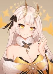 1girl bare_shoulders black_bow black_nails bow breasts bug cleavage closed_mouth collarbone eyelashes feather_hair_ornament feathers fingernails fur_collar hair_bow hair_ornament indie_virtual_youtuber insect large_breasts lazycoffee_(wyen_iscordo) long_hair moth sanagi_yuzu second-party_source sharp_fingernails smile solo upper_body virtual_youtuber white_hair yellow_eyes
