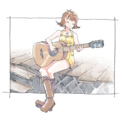 1girl boots brown_hair closed_mouth dress final_fantasy final_fantasy_viii flipped_hair full_body guitar instrument jewelry michibata_65 necklace selphie_tilmitt short_hair sitting skirt smile solo stairs zipper_dress